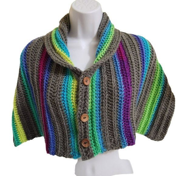 Washable long wide shawl scarf multicolor rainbow handknit wood buttons - Picture 5 of 11